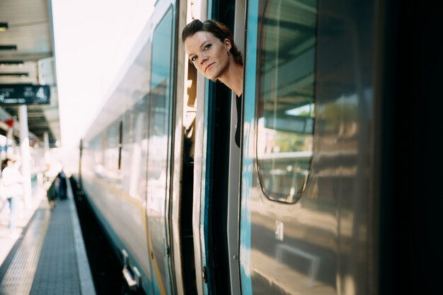 Woman traveling by train