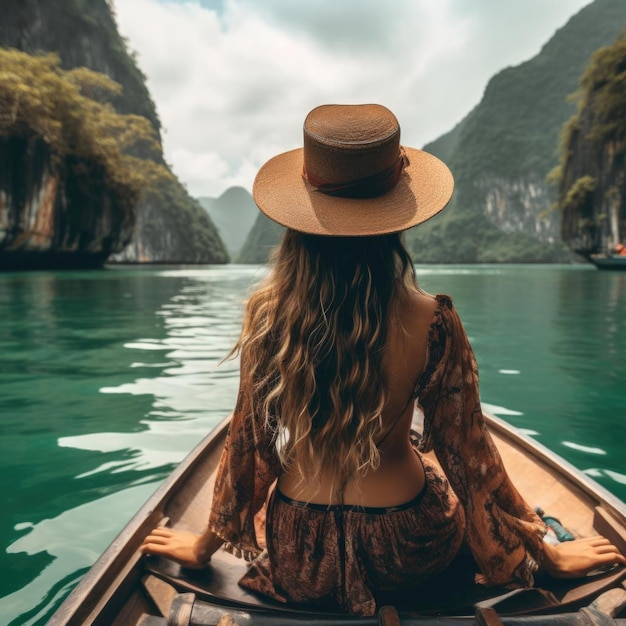 Foto donna che viaggia in barca di legno al tramonto tra le isole
