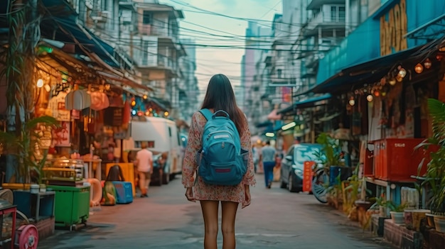 Woman traveling in city lifestyle china town street food market bangkok thailand