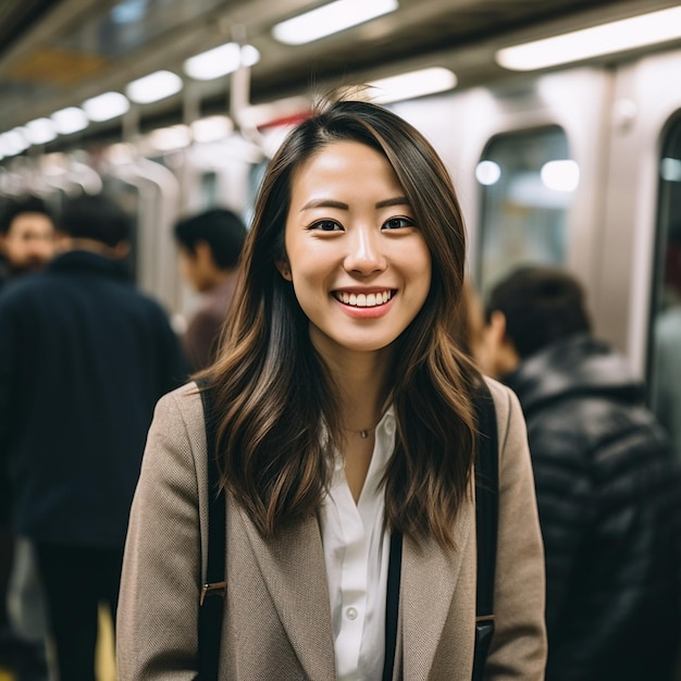 市内の地下鉄で旅行する女性