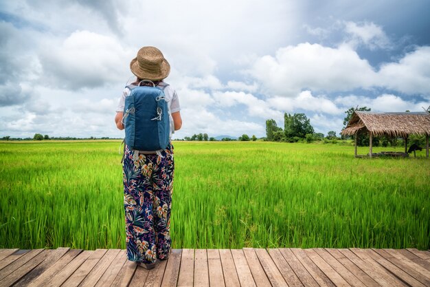 女性の旅行者がアジアの田んぼの風景をハイキングします。