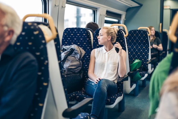 電車で旅行する女性