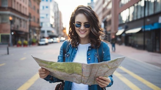 Woman travelling and using map