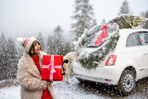 Woman travels by car during winter holidays