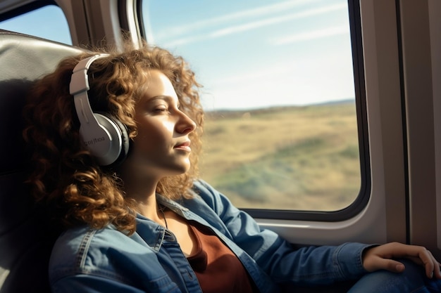 A woman travels in a train with spacious window views AI