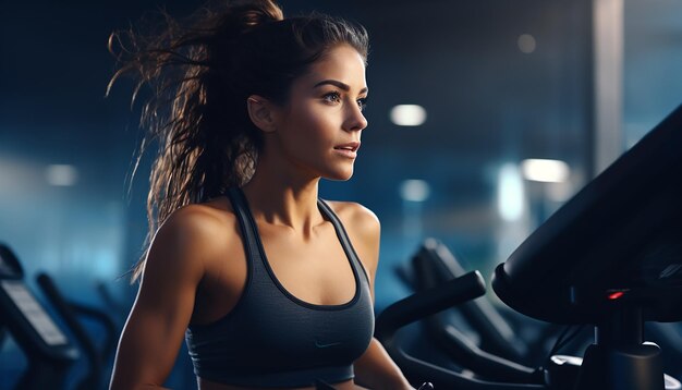 a woman on a treadmill with a sign that says she is running on the treadmill