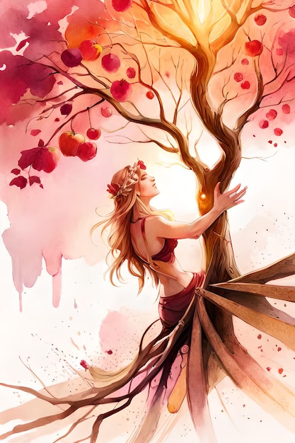 A woman in a tree with a crown of apples