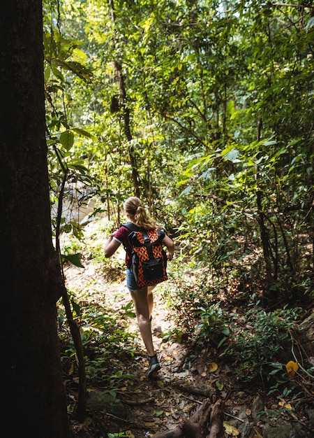 Foto trekking donna nella foresta