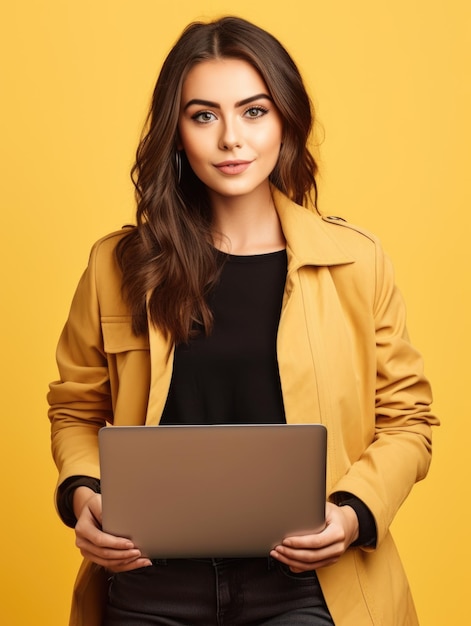 A woman in a trench coat holding a laptop