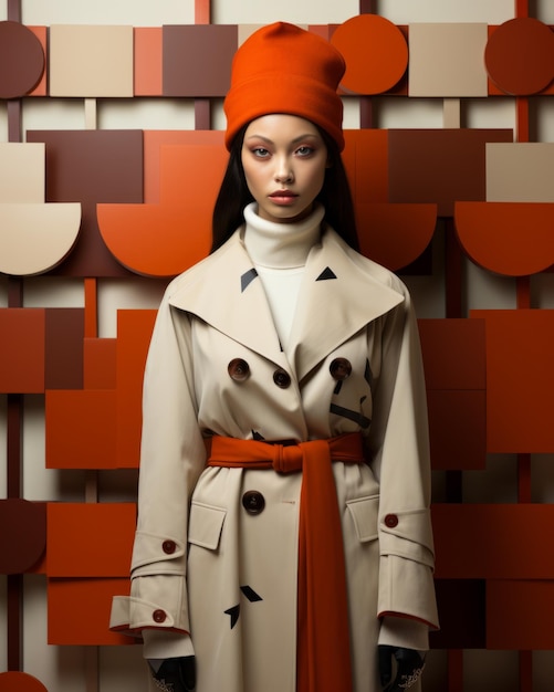 Foto una donna con un trench coat e un cappello arancione