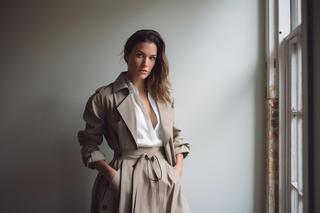 a woman in a trench coat stands in front of a white wall
