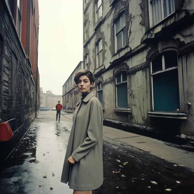 Photo a woman in a trench coat stands in the rain in front of a building