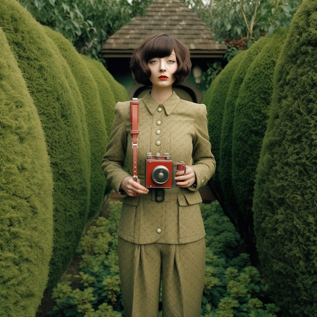 Photo a woman in a trench coat with a red book in her hand.