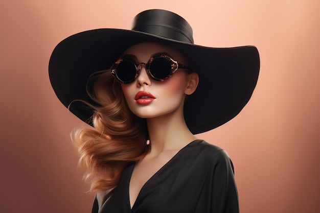 A woman in trendy black fashion wearing sunglasses and a bowler hat