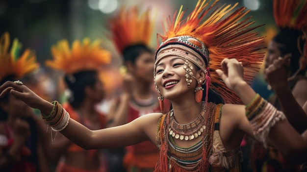 A woman in a tribal costume dances in a parade.