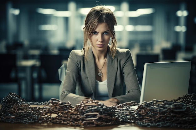 Foto la donna cerca di lasciare l'ufficio, il posto di lavoro, il dispositivo energetico genera ai.