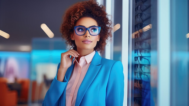 A woman trying on glasses in an optical store