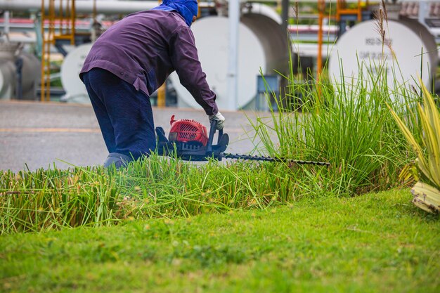 強力な牧草地で背の高い草に覆われた庭の草を刈ろうとしている女性