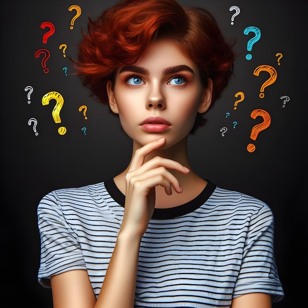 woman in a tshirt in a thinkers pose thinking and question marks near her head black background