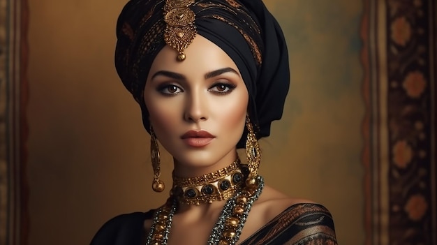 A woman in a turban and a turban is posing for a photo.