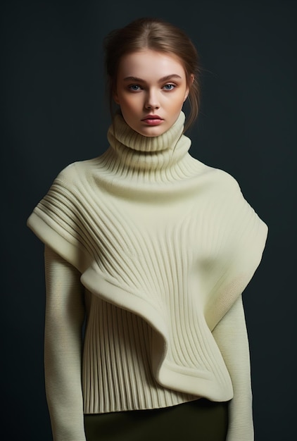 woman turtle neck sweater poses crisp shapes portrait neutral cycladic sculptural pictured shoulders
