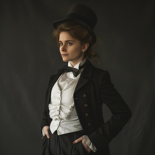 Photo a woman in a tuxedo stands in front of a black background