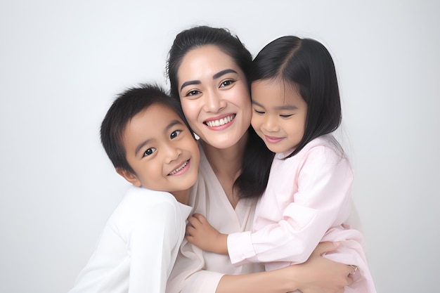 A woman and two children are hugging and smiling.