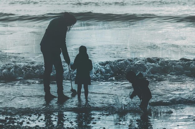 Foto una donna e due bambini stanno giocando in acqua.