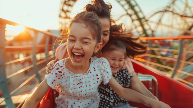 A woman and two children are riding a roller coaster The children are laughing and smiling