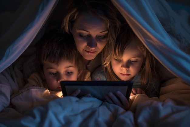 Photo a woman and two children looking at a tablet