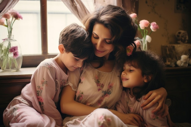 A woman and two children sit together on a cozy bed in a comfortable bedroom A loving mom spending quality time with her kids on Mothers Day AI Generated