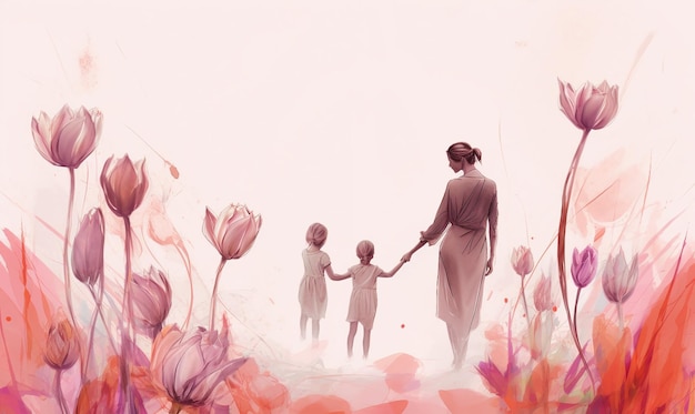 A woman and two children walk through a field of flowers.