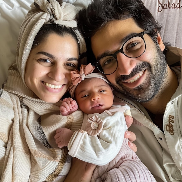 a woman and two people are smiling with a baby