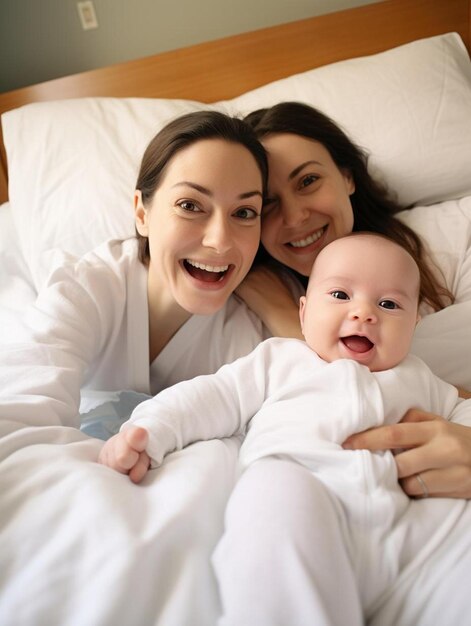 Photo a woman and two women laying in a bed with a baby