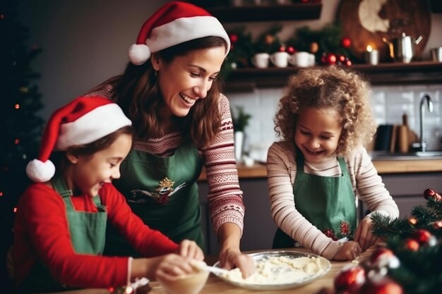 Foto una donna e due ragazze che producono biscotti di natale