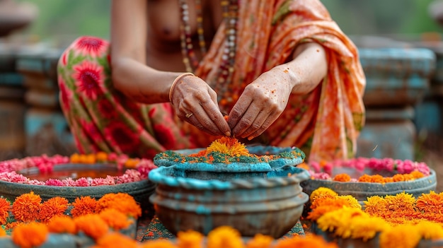 woman tying a colorful saree to the Gudi