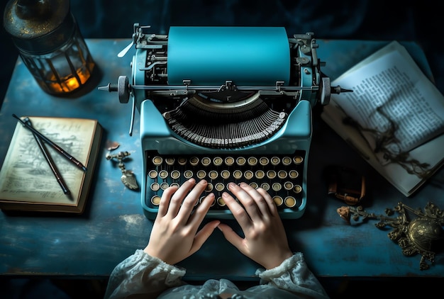A woman typing on a blue typewriter with a book and a book on the table.