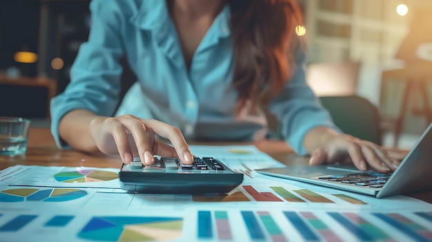 a woman typing on a calculator with a graph behind her