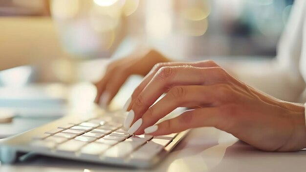 a woman typing on a keyboard with a blurry background