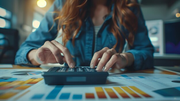 Photo a woman typing on a keyboard with a graph in the background