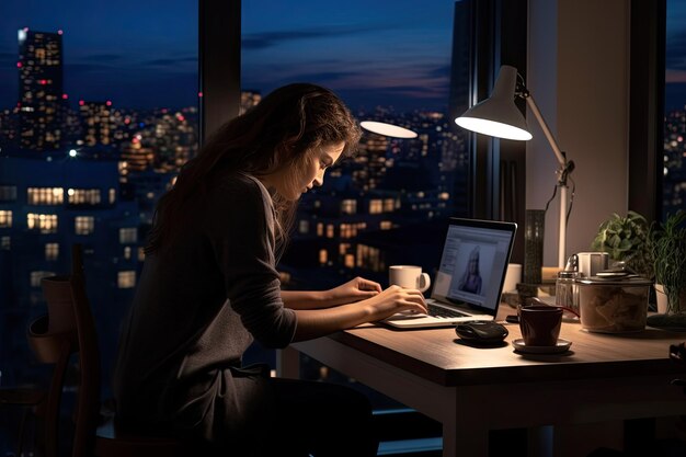 Foto donna che scrive sul portatile nell'ufficio di casa di notte