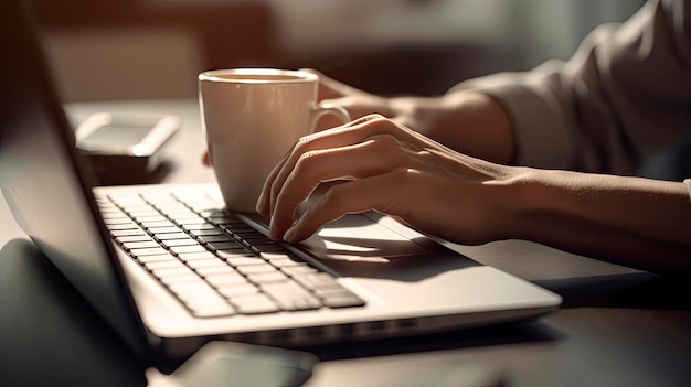 A woman typing on a laptop with a cup of coffee in the background