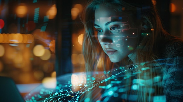woman typing on laptop with glowing screen