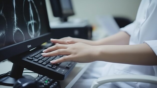 A woman typing on a laptop with a green screen in the background