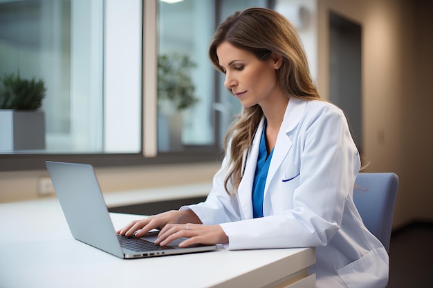 woman typing on laptop with medical scrubs in the style of discussion