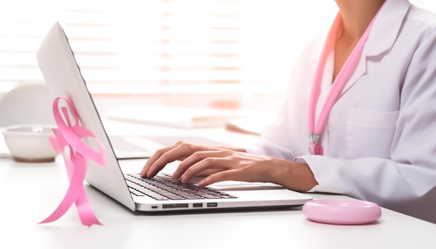 a woman typing on a laptop with a pink ribbon around her neck