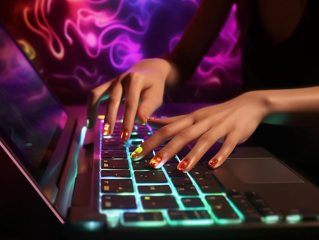 A woman typing on a laptop with a purple background.