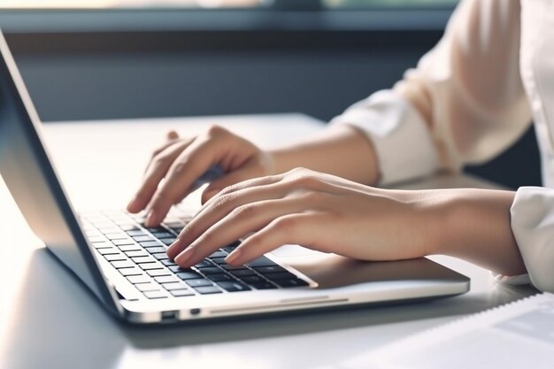 A woman typing on a laptop with the word " on the screen "