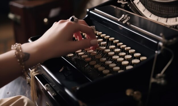 A woman typing on an old typewriter