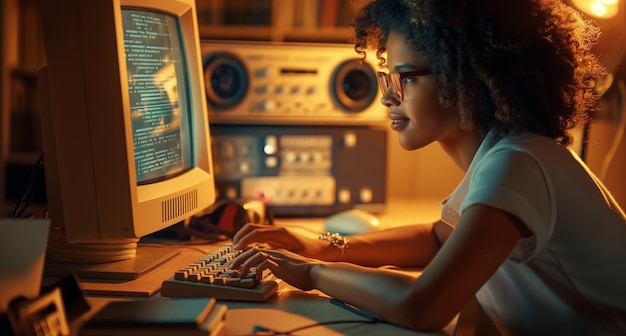 Woman typing on retro computer keyboard